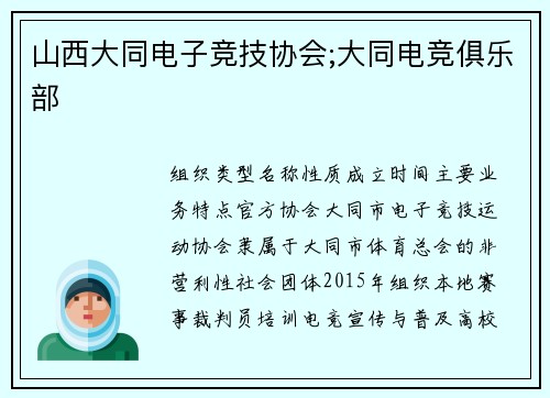 山西大同电子竞技协会;大同电竞俱乐部