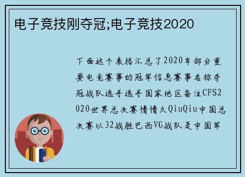 电子竞技刚夺冠;电子竞技2020